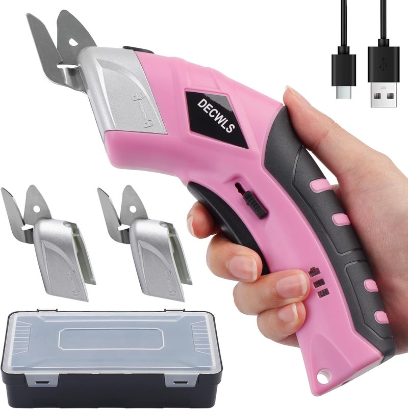 Decwls Cordless Electric Scissors for Fabric with 3 Type Blades, 4V Rechargeable Cardboard Scissors, Powerful Shears with Safety Lock Suitable, Cutting Tool for Carpet, Fabric, Cardboard, Leather-Pink - Image 1